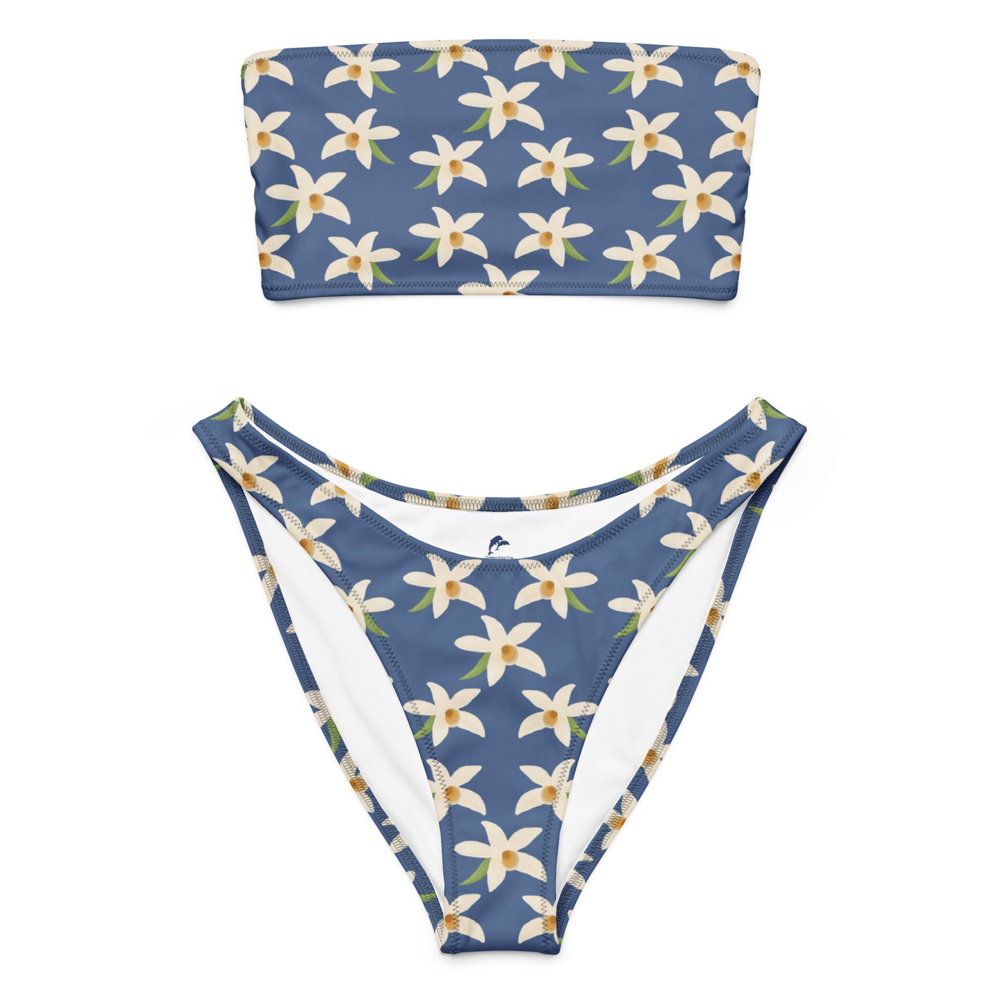 bandeau bikini with orchids on denim blue