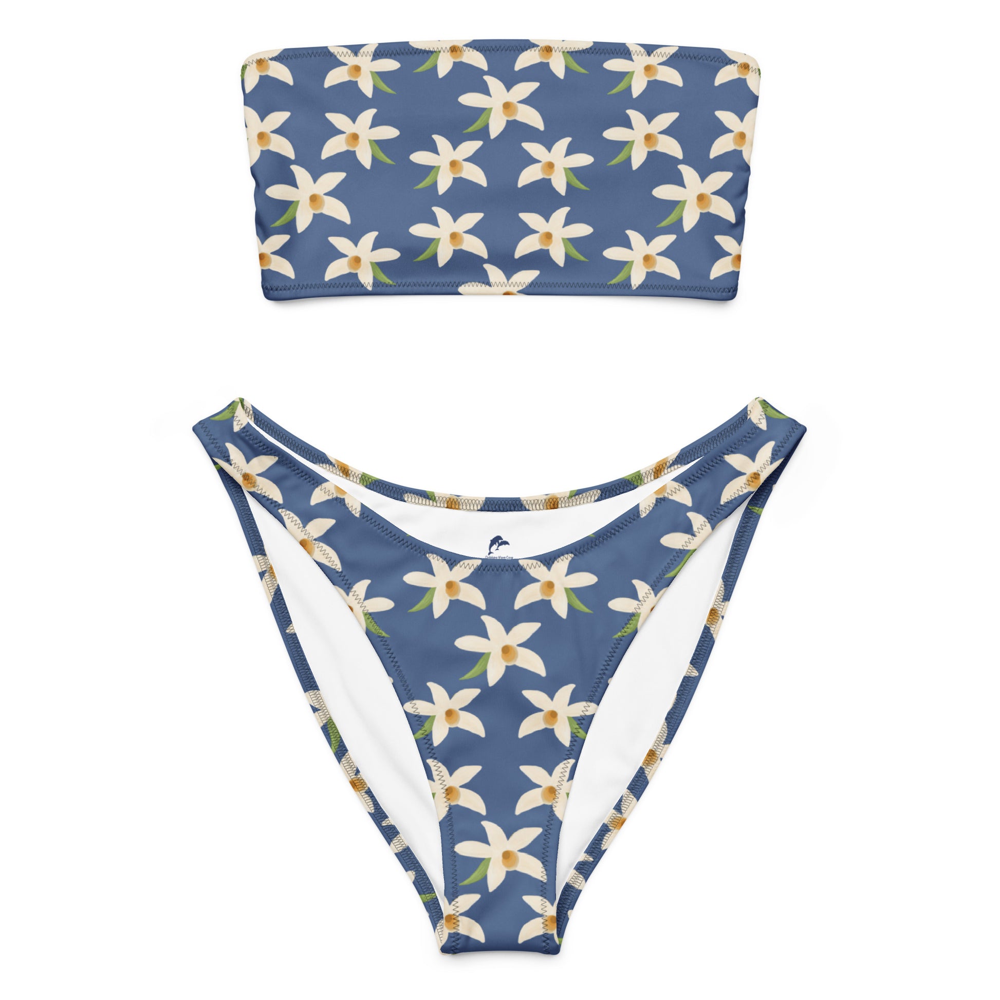 bandeau bikini with orchids on denim blue