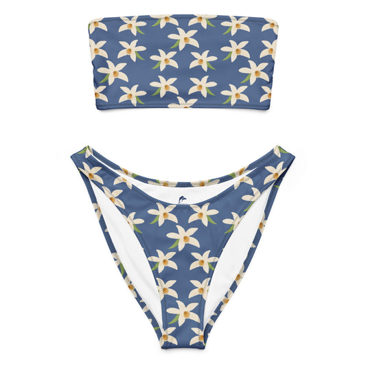 bandeau bikini with orchids on denim blue