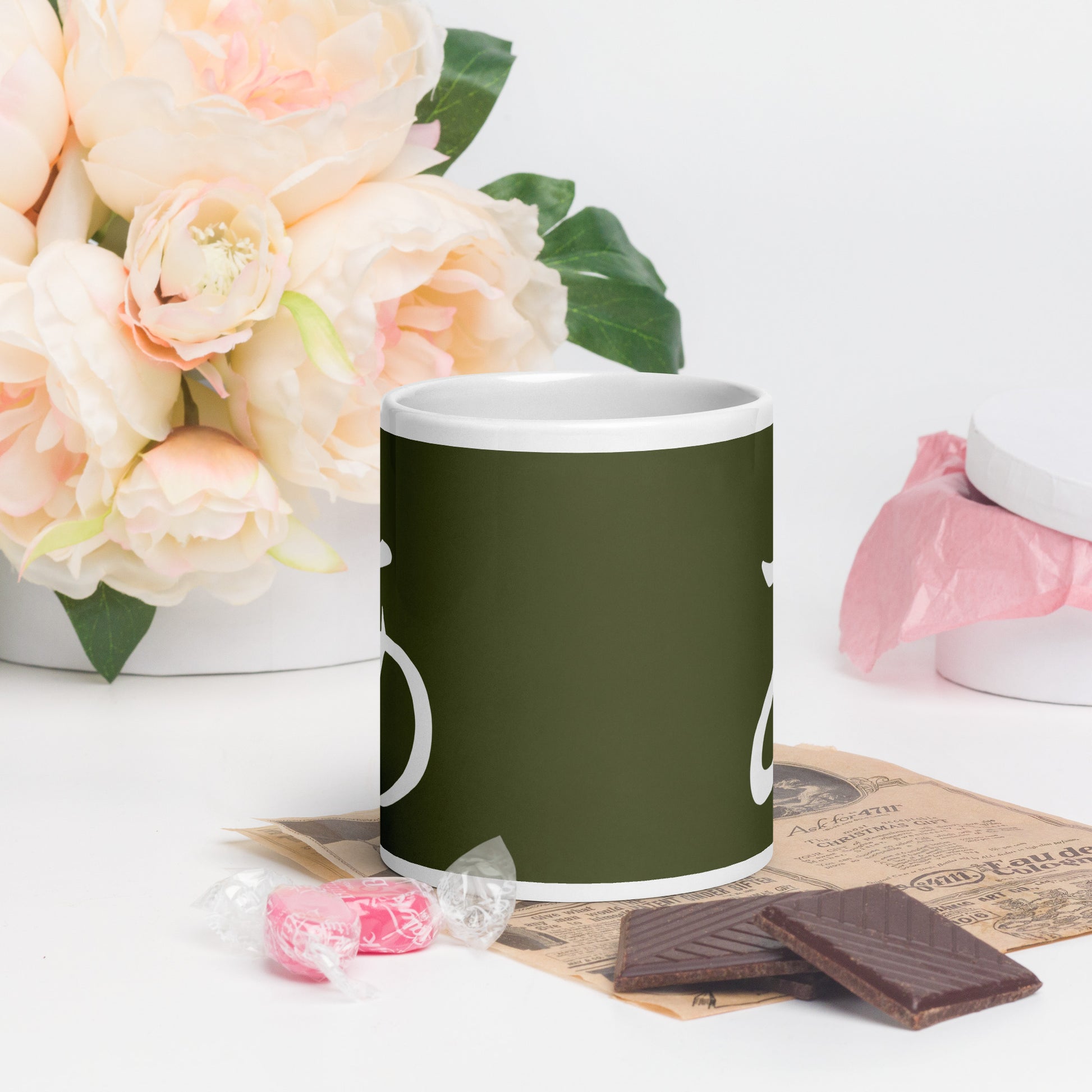 Peace japanese mug with white Japanese character on olive green background. Perfect gift for earth day, housewarmings, birthdays, Valentines, Thanksgiving, Christmas, Father’s Day and Mother’s Day.