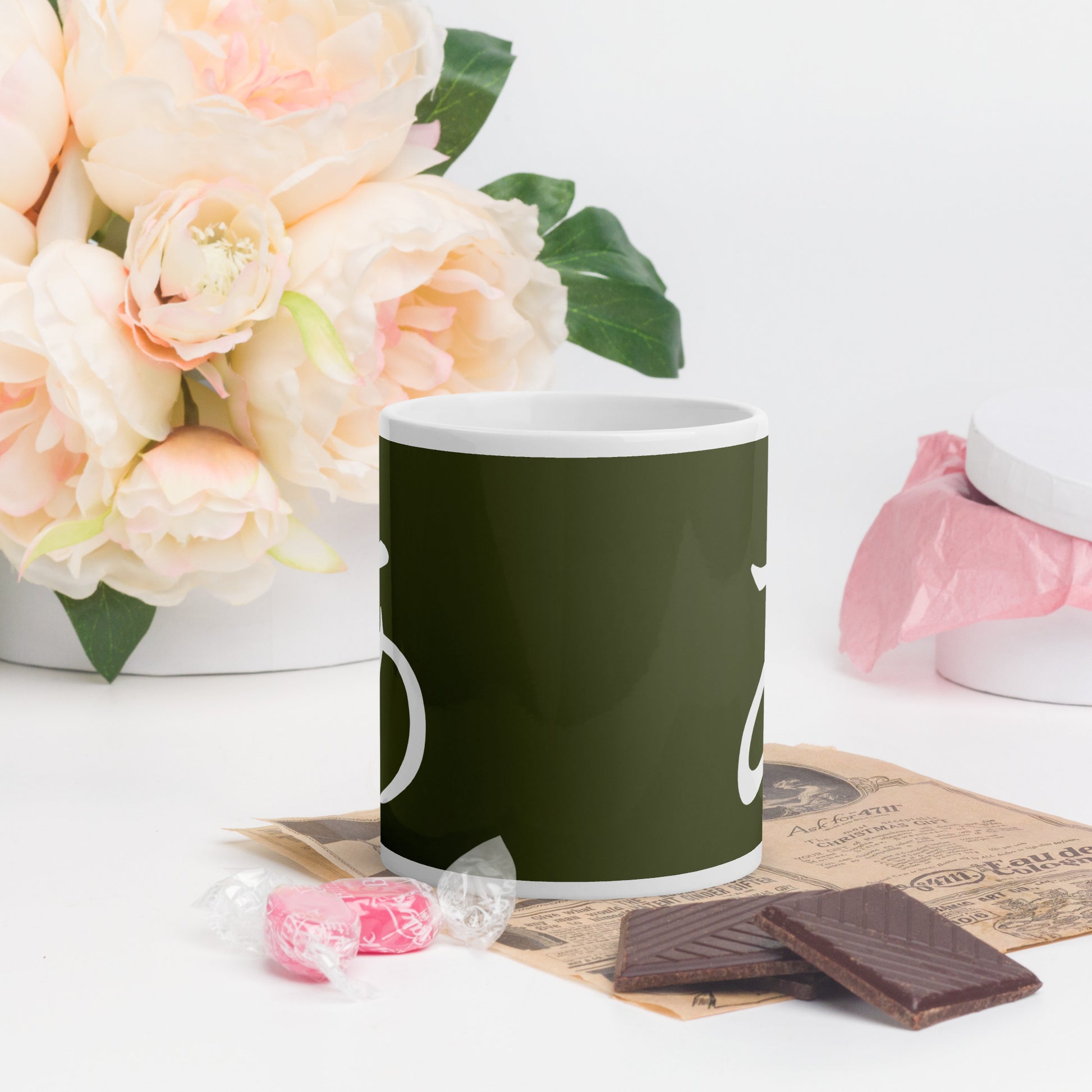 Peace Ceramic Mug with white Japanese character on olive green background. Perfect gift for earth day, housewarmings, birthdays, Valentines, Thanksgiving, Christmas, Father’s Day and Mother’s Day.
