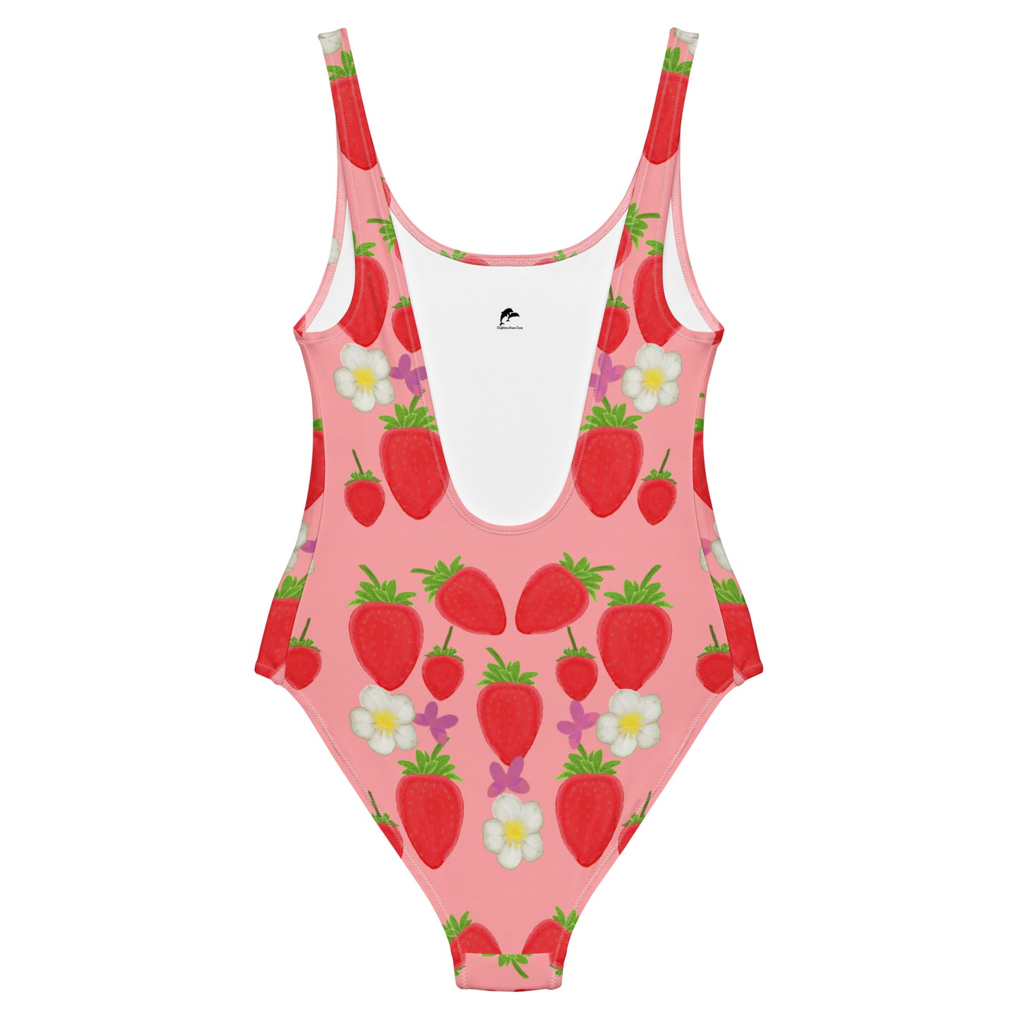 strawberry field one piece swimsuit on pink, back