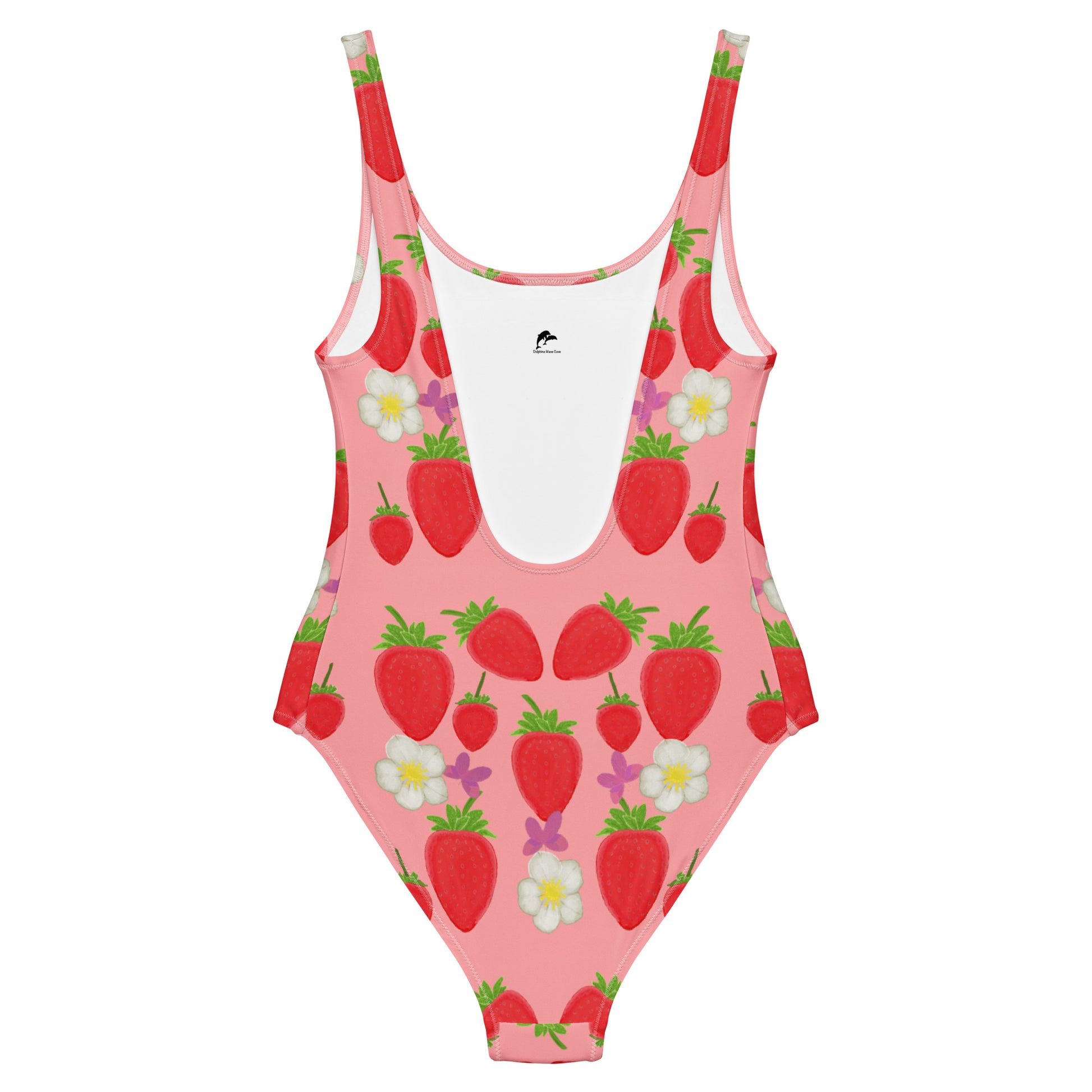 strawberry field one piece swimsuit on pink, back