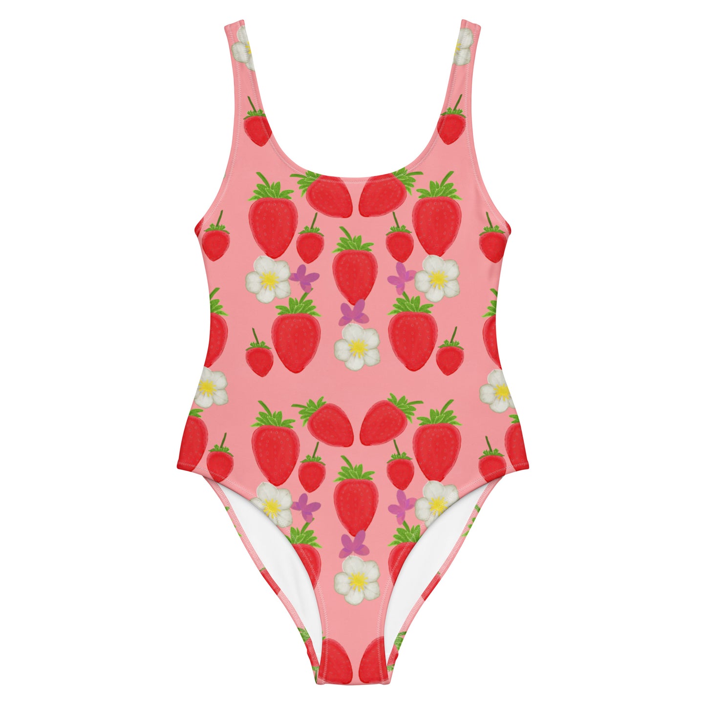 strawberry field one piece swimsuit on pink, flat