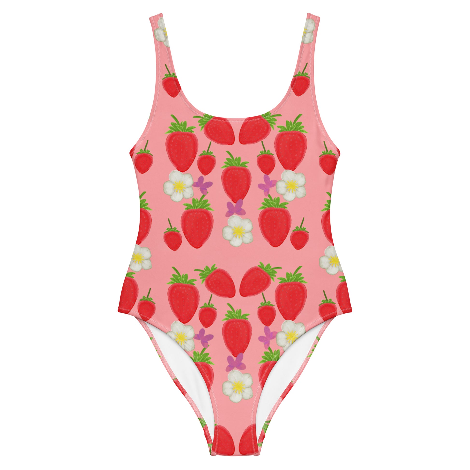 strawberry field one piece swimsuit on pink, flat