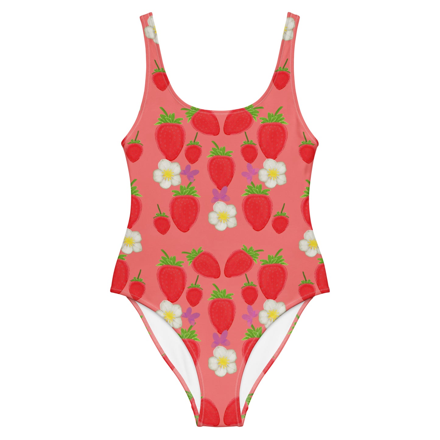 strawberry field one piece swimsuit on salmon, flat