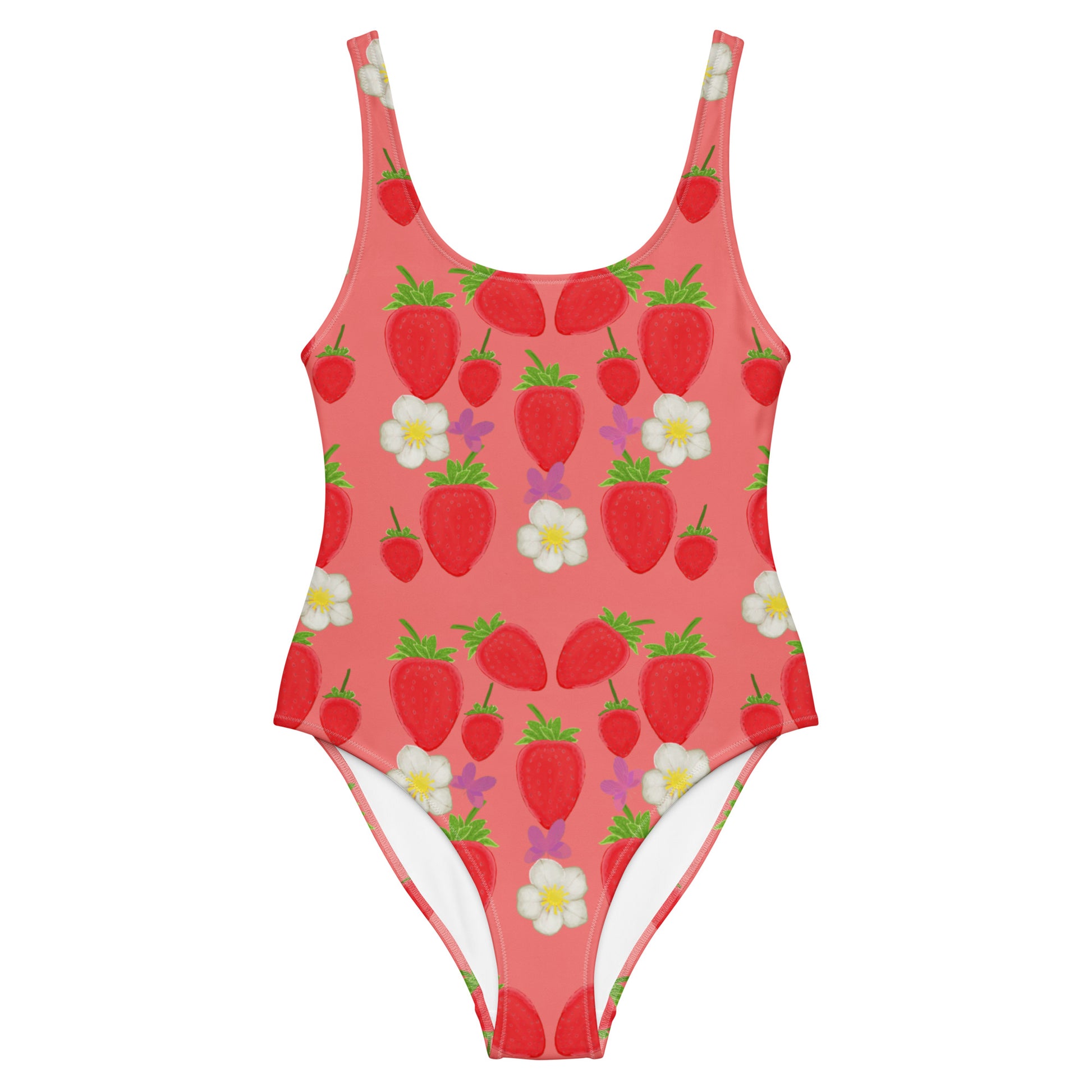 strawberry field one piece swimsuit on salmon, flat