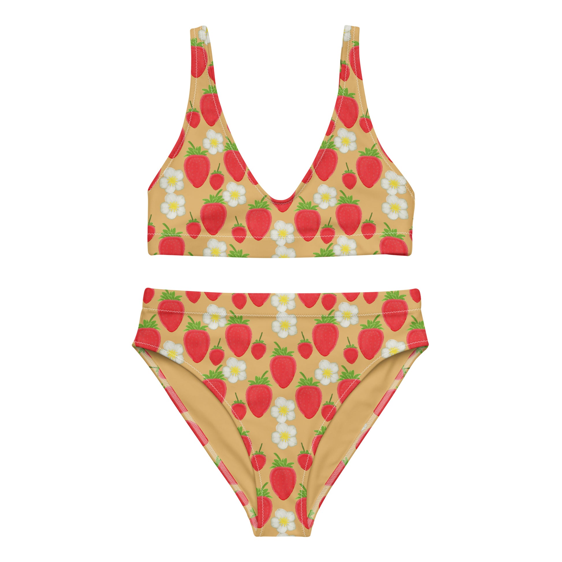 high waisted bikini with strawberry on golden yellow