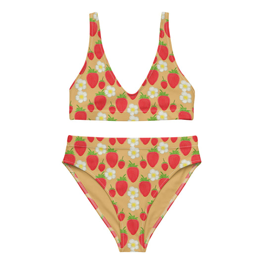 high waisted bikini with strawberry on golden yellow