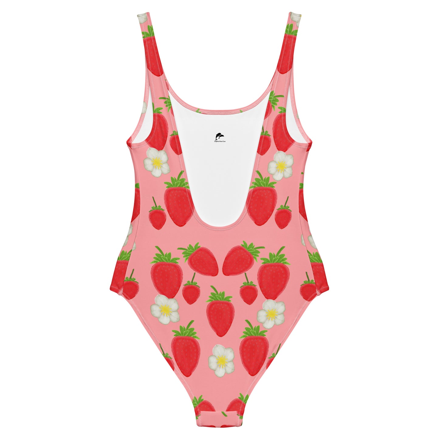 strawberry one piece swimsuit on pink, back