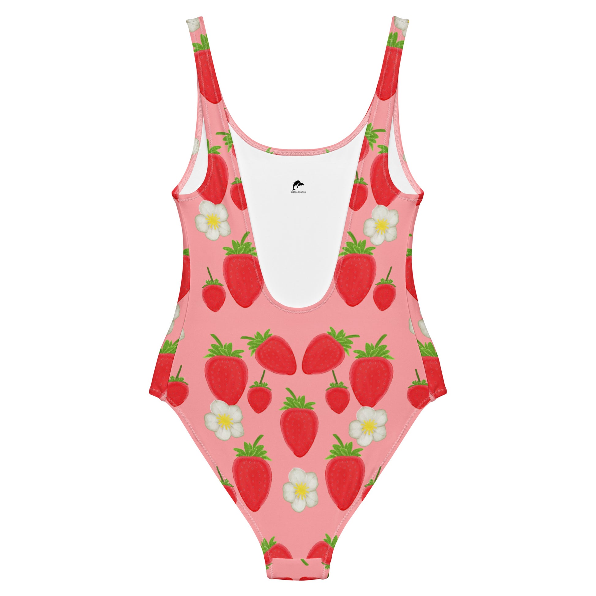 strawberry one piece swimsuit on pink, back