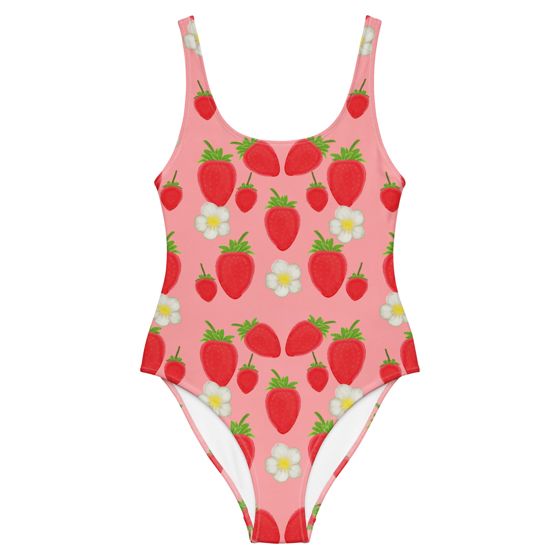 strawberry one piece swimsuit on pink, flat