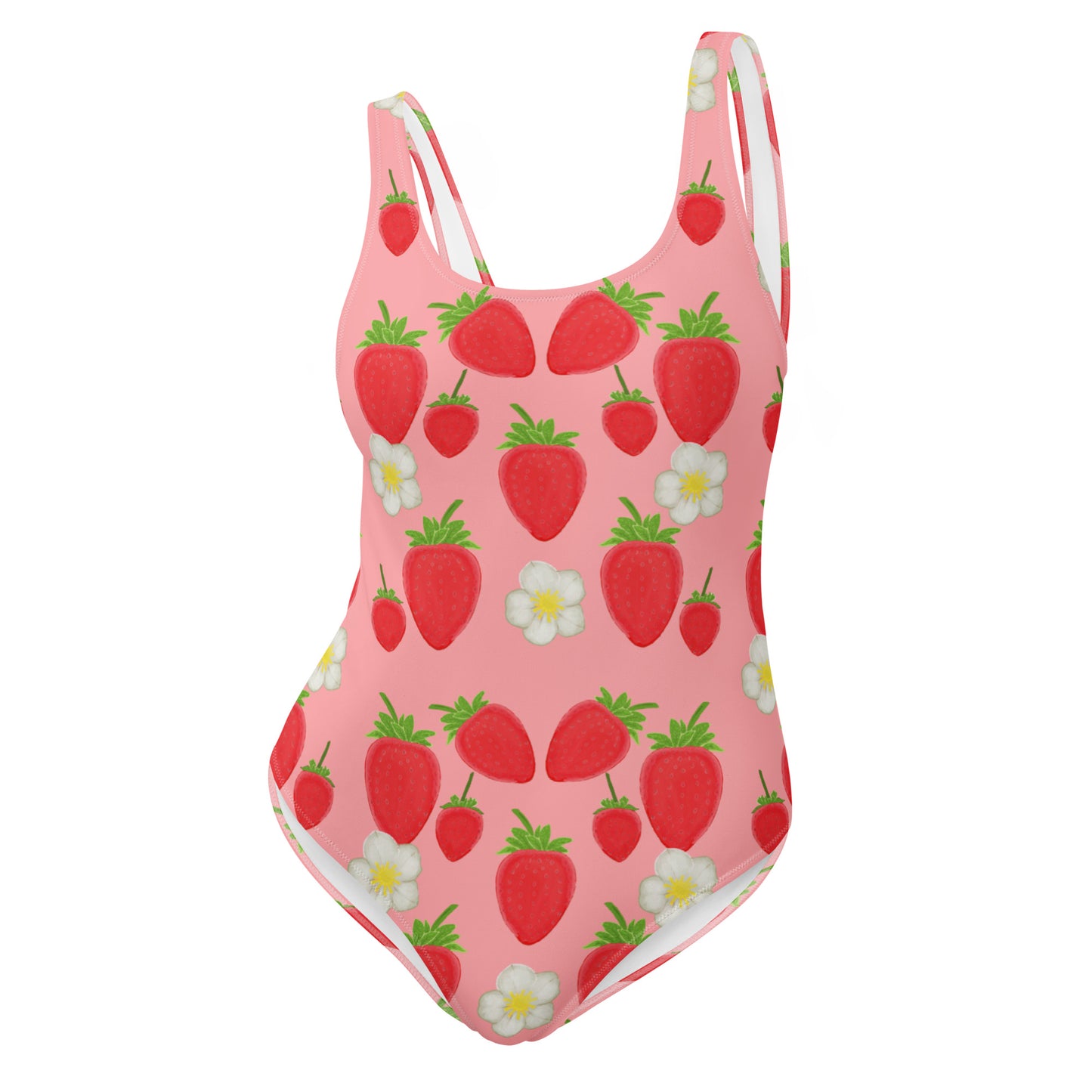 strawberry one piece swimsuit on pink, front