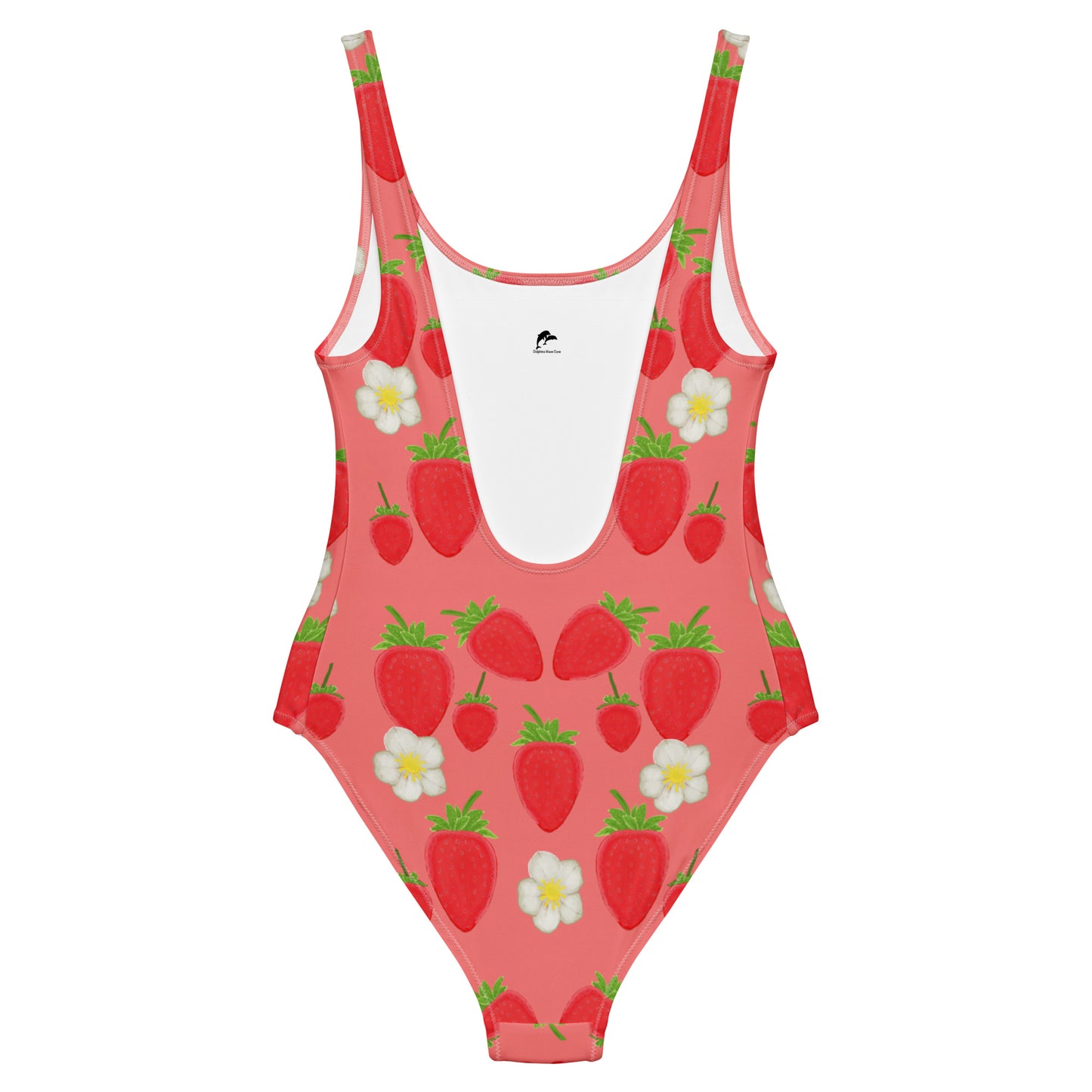 strawberry one piece swimsuit on salmon, back