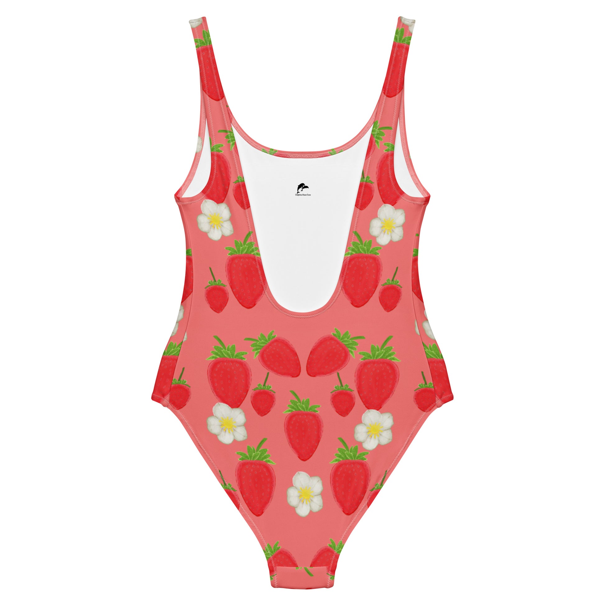 strawberry one piece swimsuit on salmon, back