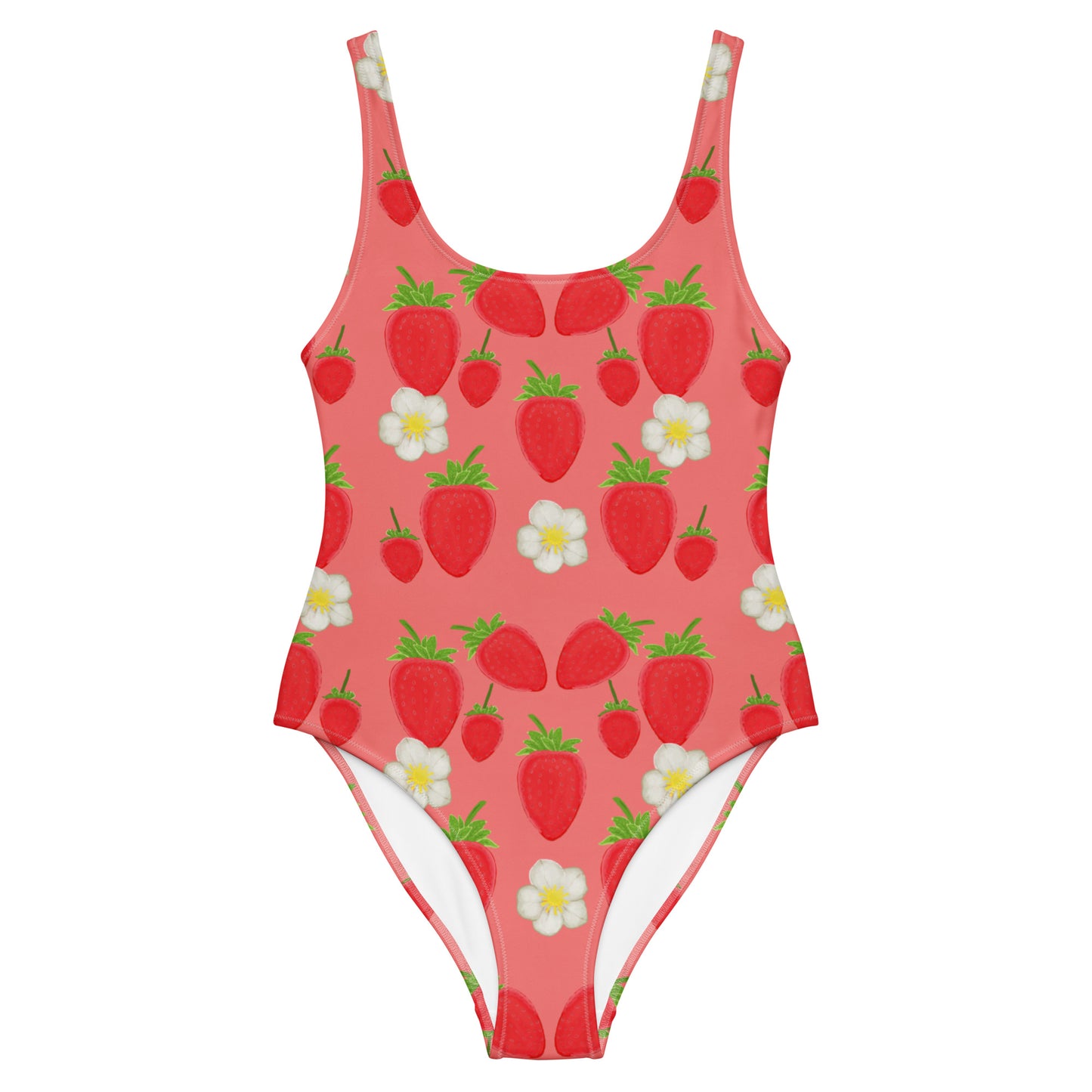strawberry one piece swimsuit on salmon, flat