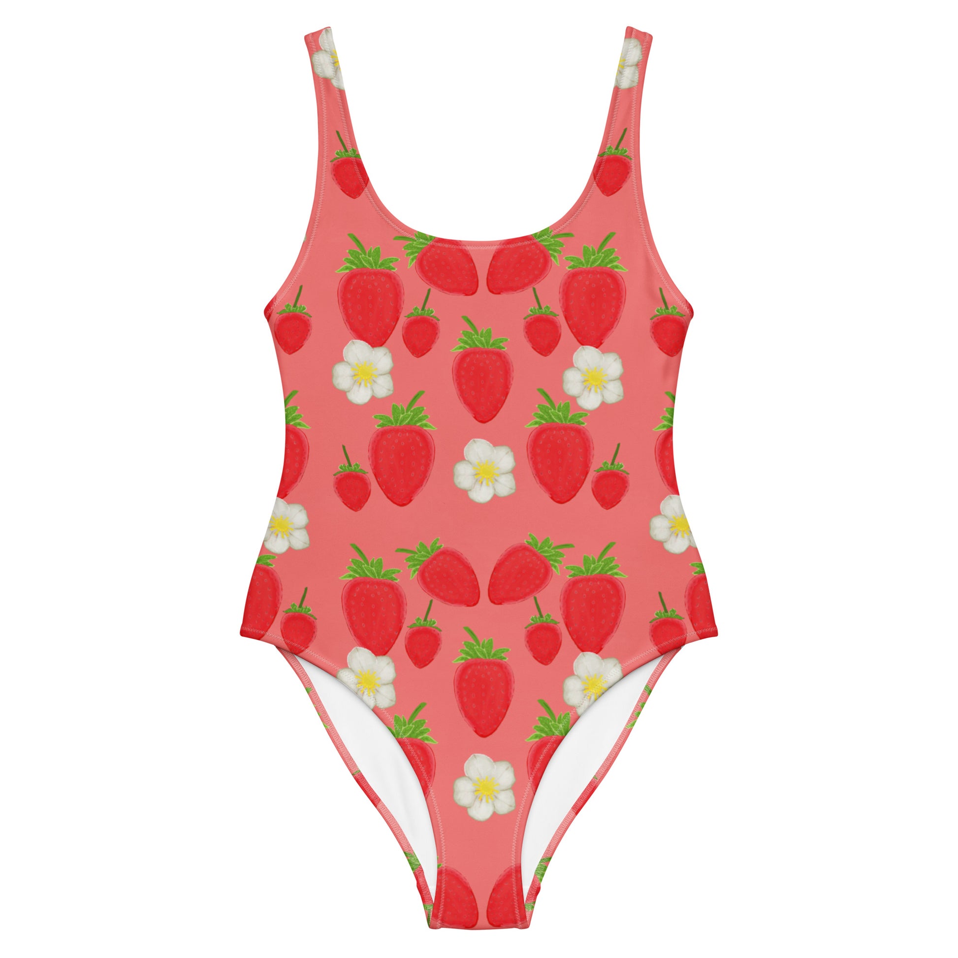 strawberry one piece swimsuit on salmon, flat