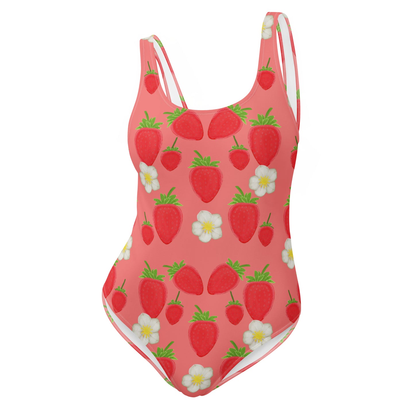 strawberry one piece swimsuit on salmon, front