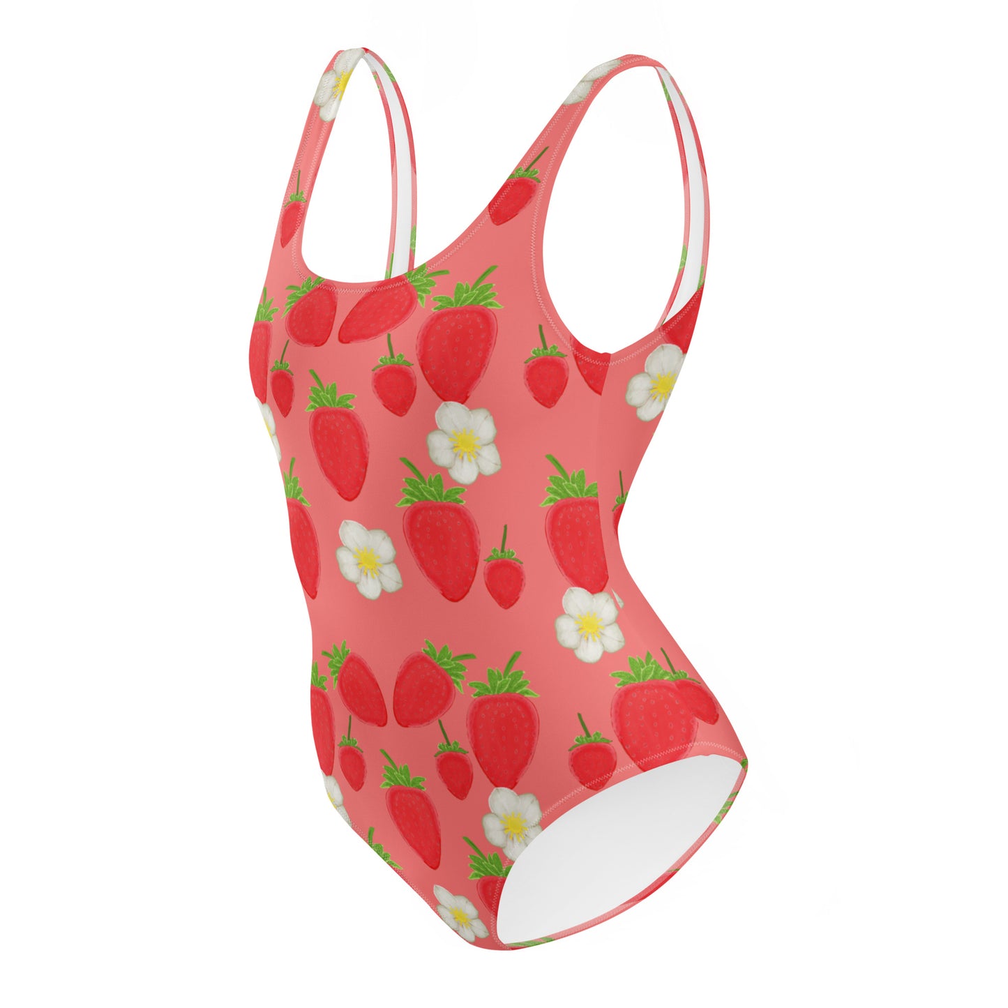 strawberry one piece swimsuit on salmon, side