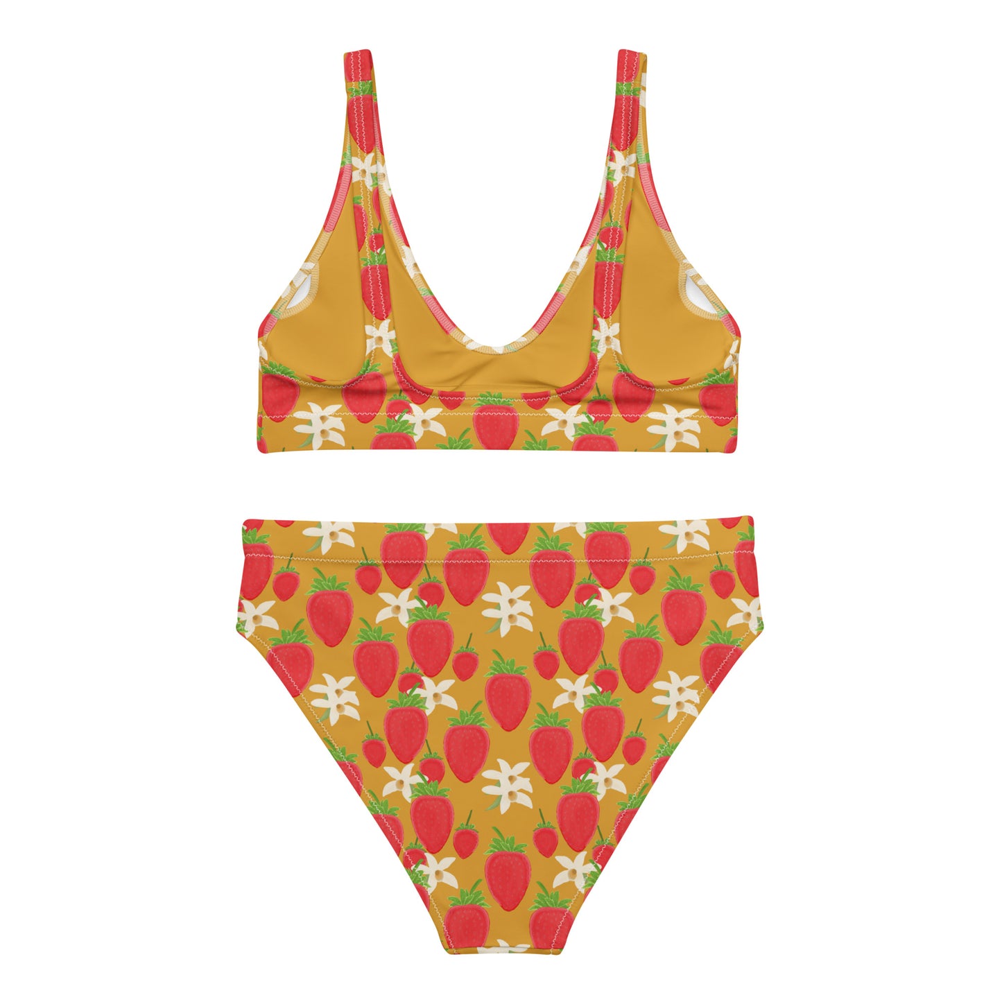 high waisted floral bikini with strawberry and orchids on golden yellow