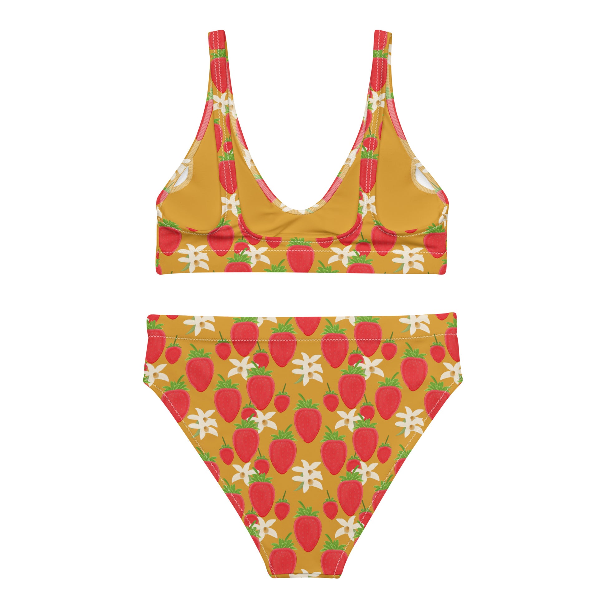 high waisted floral bikini with strawberry and orchids on golden yellow