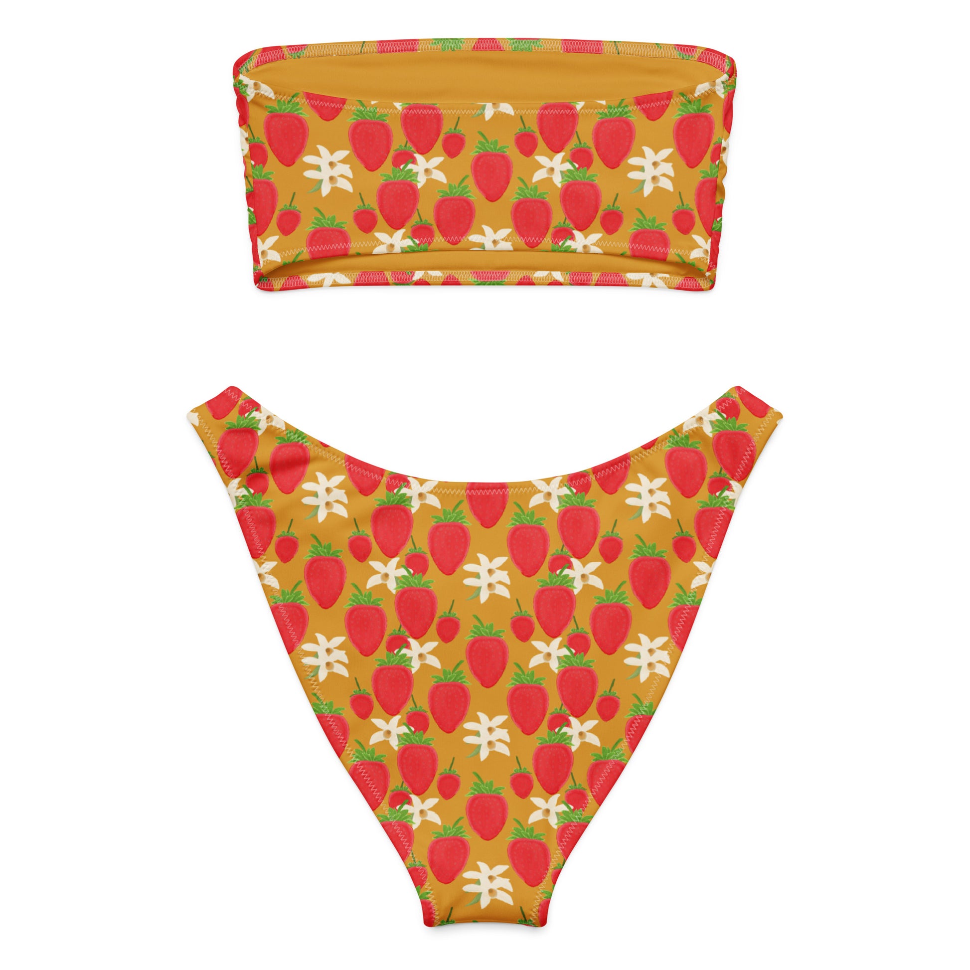 bandeau bikini with strawberry orchids on golden brown