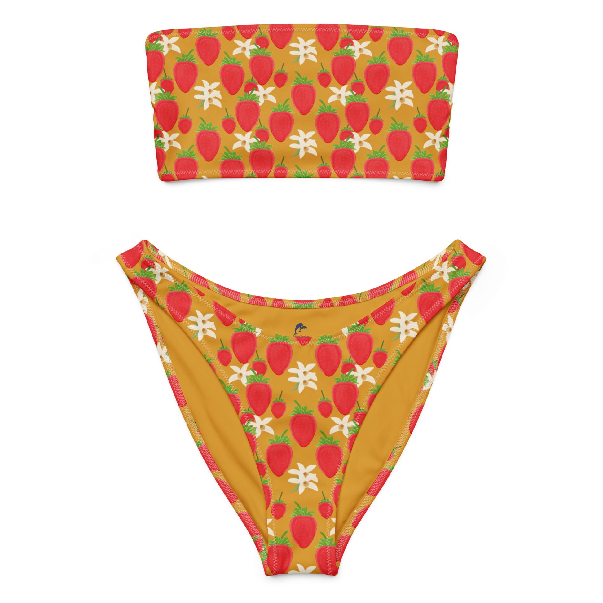 bandeau bikini with strawberry orchids on golden brown