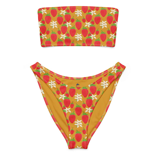 bandeau bikini with strawberry orchids on golden brown