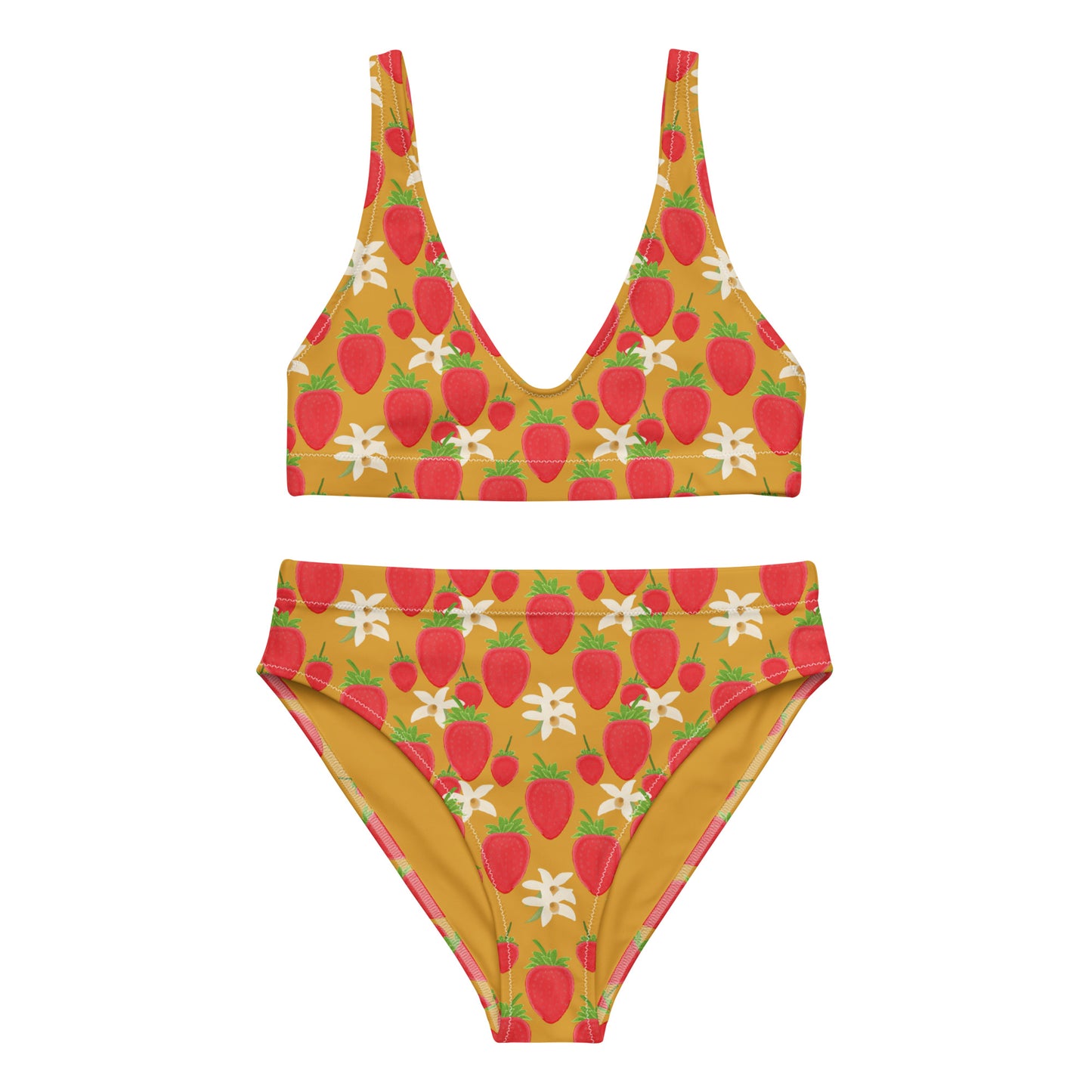 high waisted floral bikini with strawberry and orchids on golden yellow