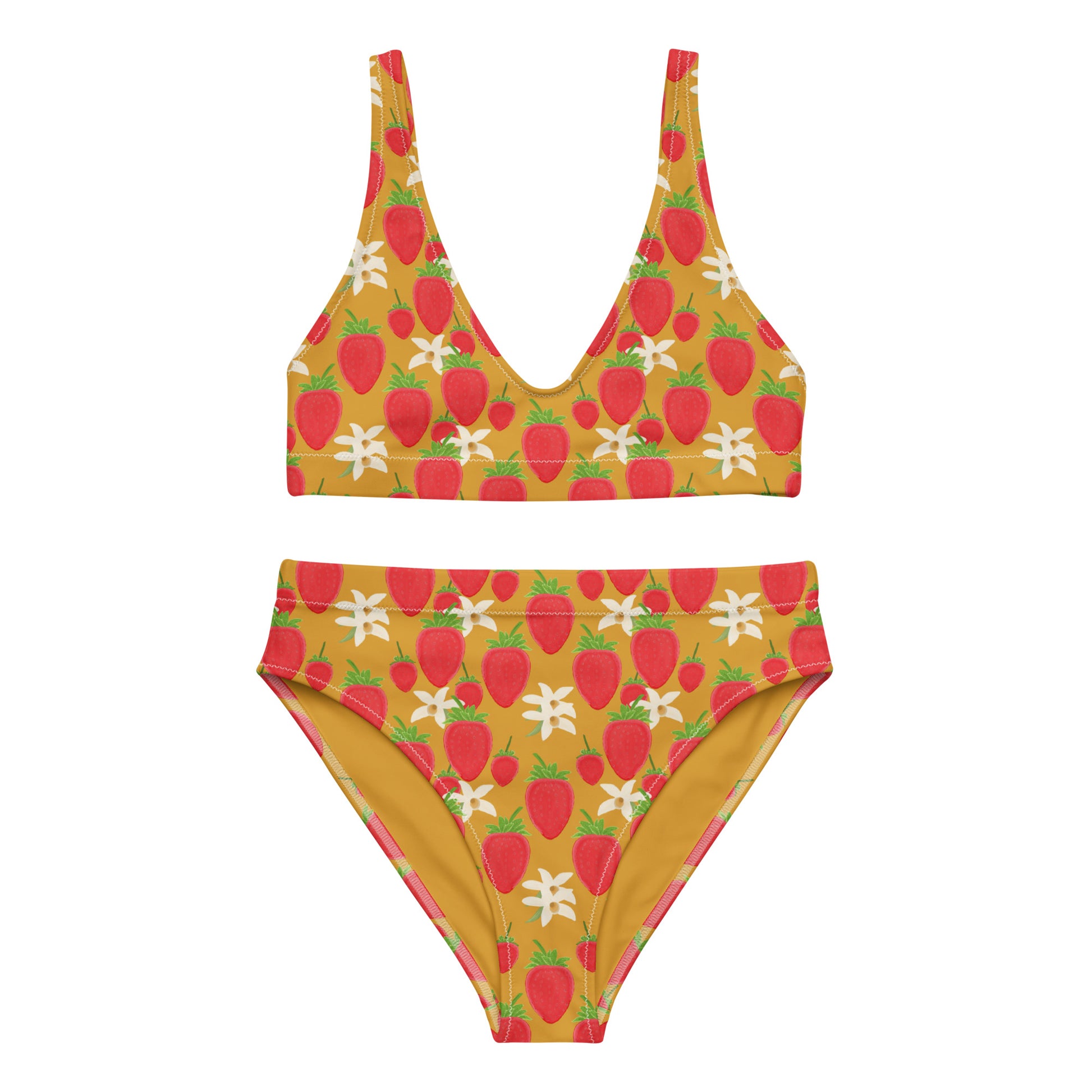 high waisted floral bikini with strawberry and orchids on golden yellow