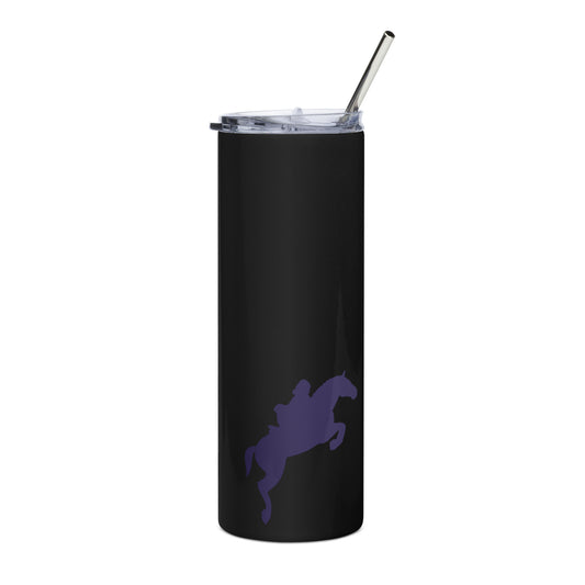 Equestrian Stainless Steel Tumbler Cup in black with equestrian design, a clear lid and a metal straw