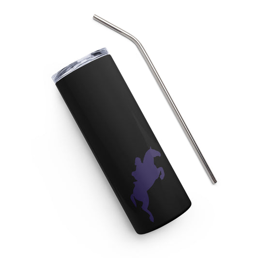 Equestrian Stainless Steel Tumbler Cup in black with equestrian design, a clear lid and a metal straw