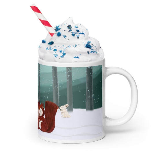 Winters Tale Forest Animals 3 Ceramic Mug perfect Christmas or Thanksgiving gift featuring a squirrel in a snowy forest scene