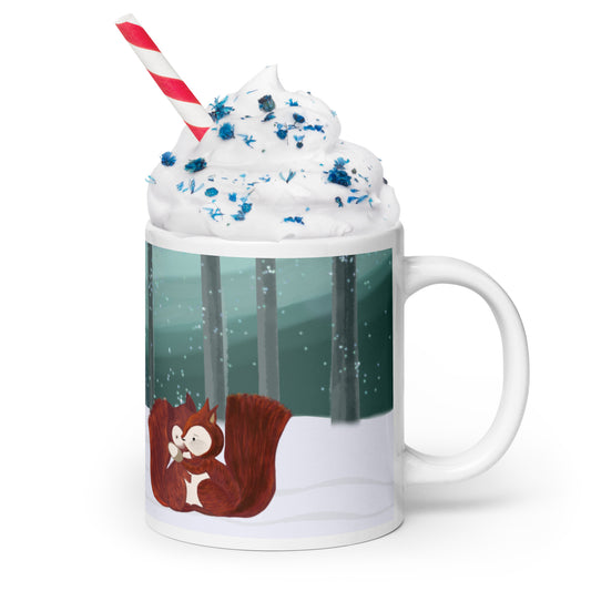 Winters Tale Forest Animals 2 Ceramic Mug perfect Christmas or Thanksgiving gift featuring a squirrel in a snowy forest design