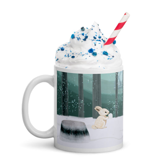 Winters Tale The Visit 1 Ceramic Mug perfect Christmas or Thanksgiving gift with winter forest and bunny design